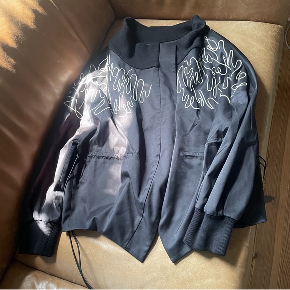 Adeam luxe bomber style cinched ties jacket w embroidery stitching black white - Picture 3 of 13